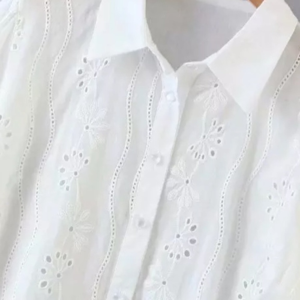 Boho embroidered eyelet button up Blouse White - Picture 9 of 11